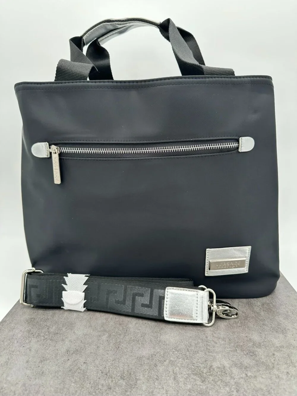 Versace Parfums Nylon Canvas Fashion Tote Bag Detachable Strap Black/Silver Tone